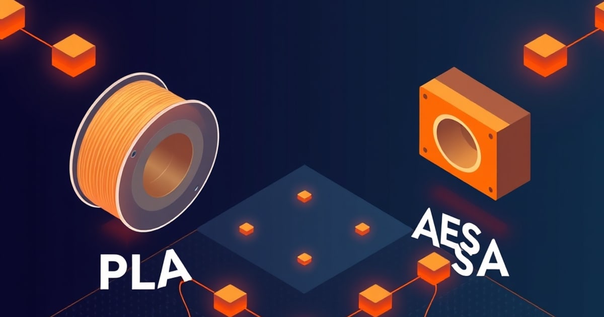 Isometric comparison of three filament spools labeled PLA, PETG, and ASA side by side